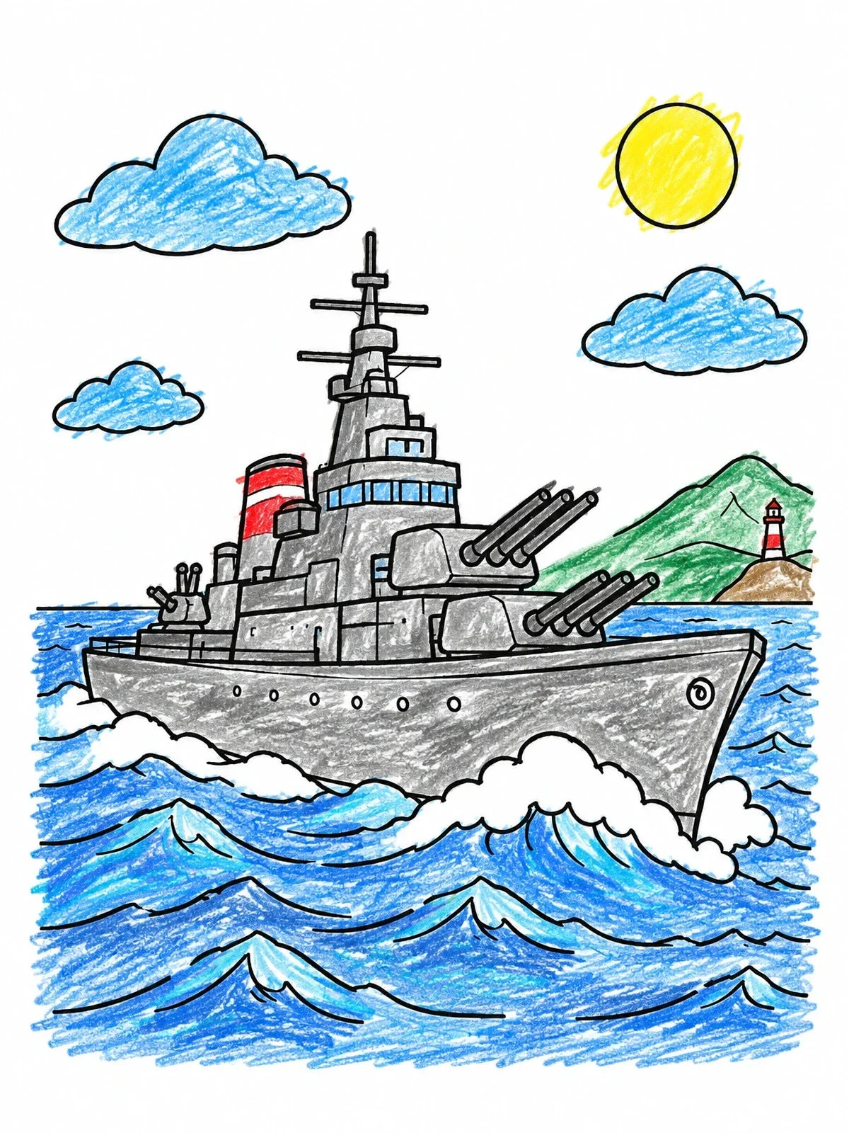 Colored example of the Navy Battleship Sailing On The Sea coloring page