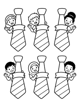 Happy cartoon children wave from behind patterned neckties in this ties coloring page.