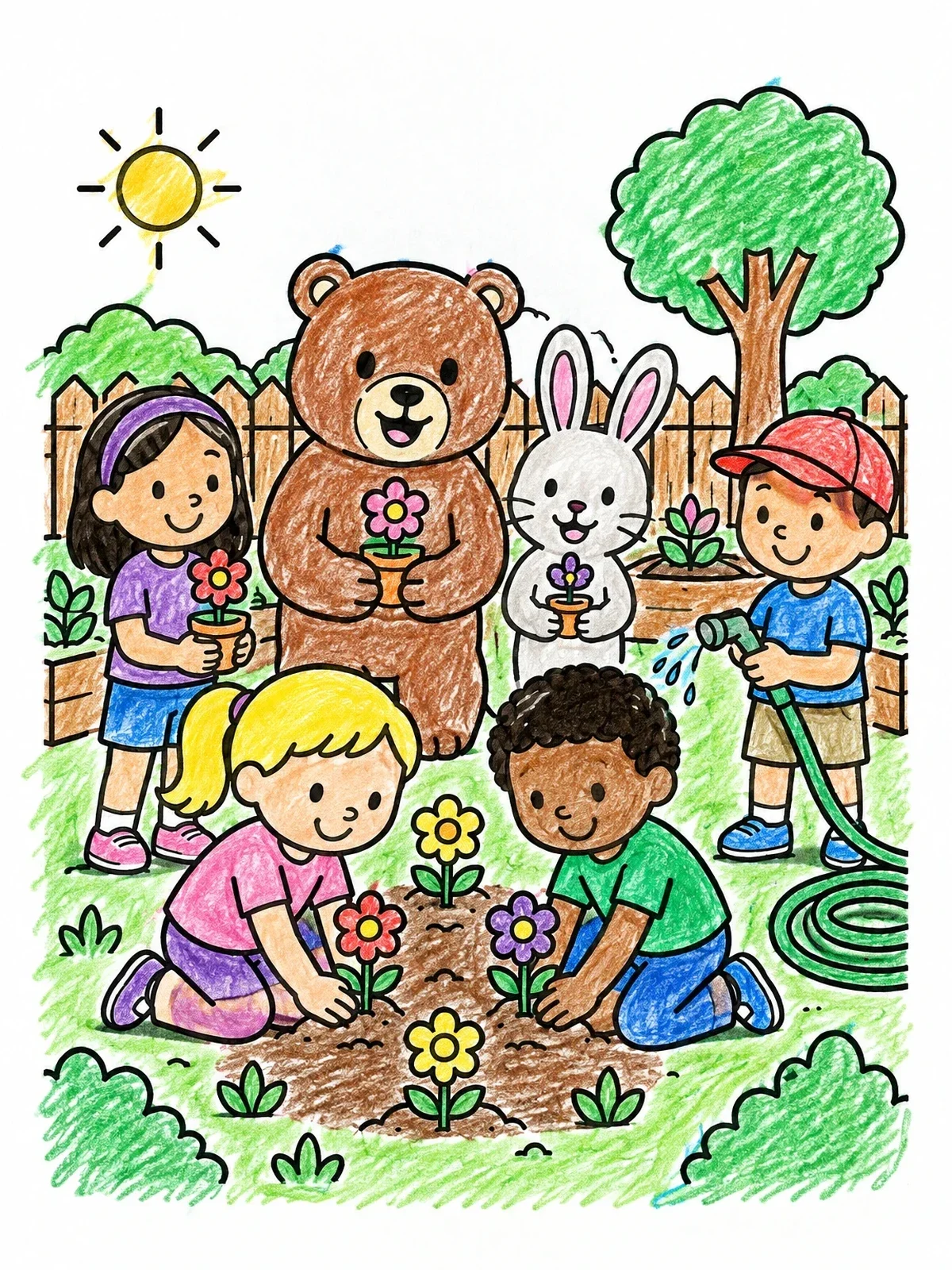 Colored example of the Children And Animals In Community Garden coloring page