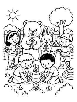 Free printable Children And Animals In Community Garden coloring page