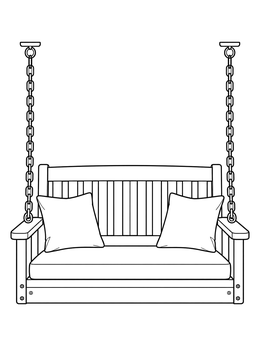 A wooden porch swing with soft cushions in this neighborhood coloring page.