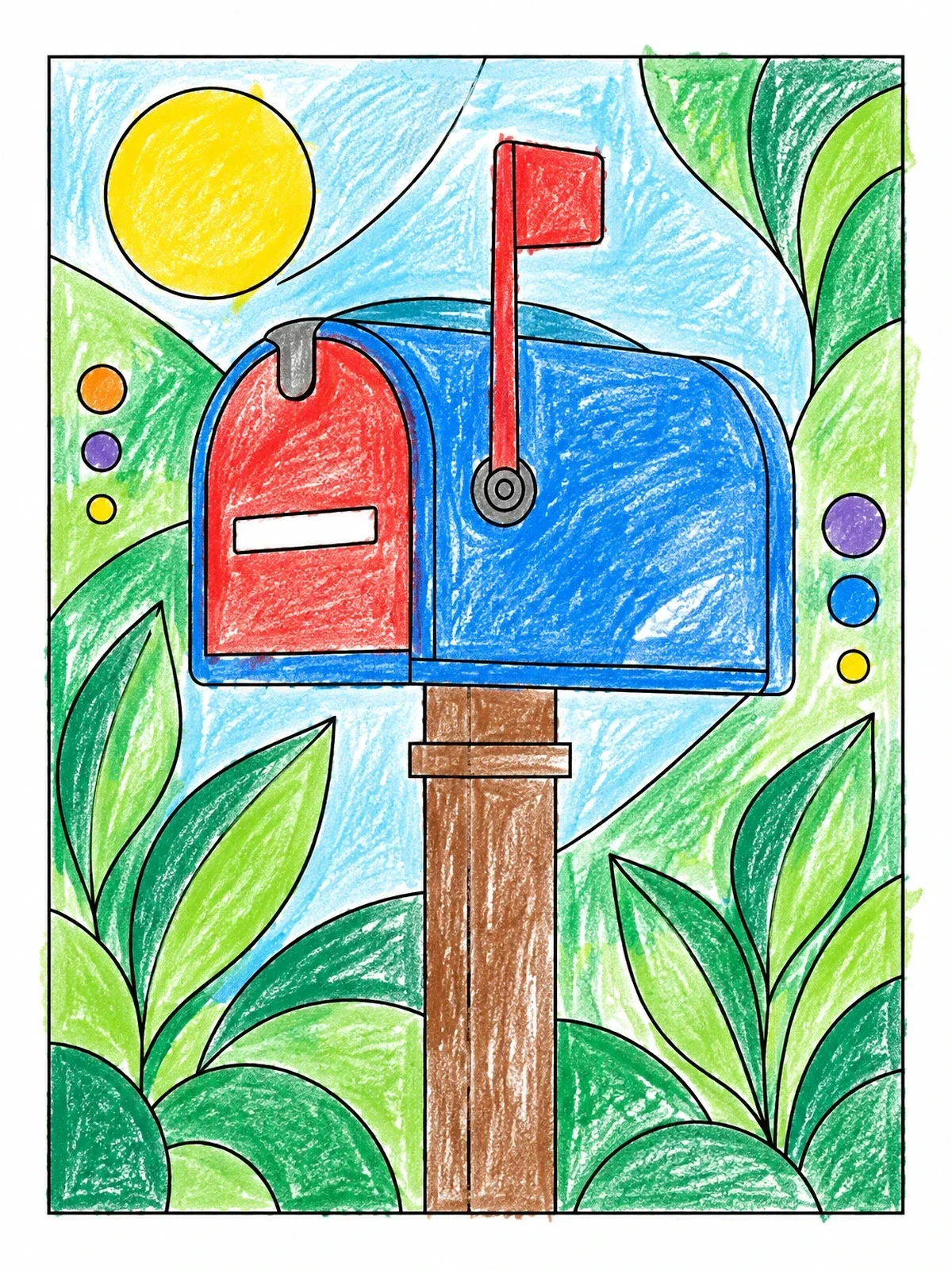 Colored example of the Curbside Mailbox With Raised Flag coloring page
