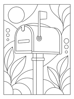 A curbside mailbox stands among stylized plants in this neighborhood coloring page.