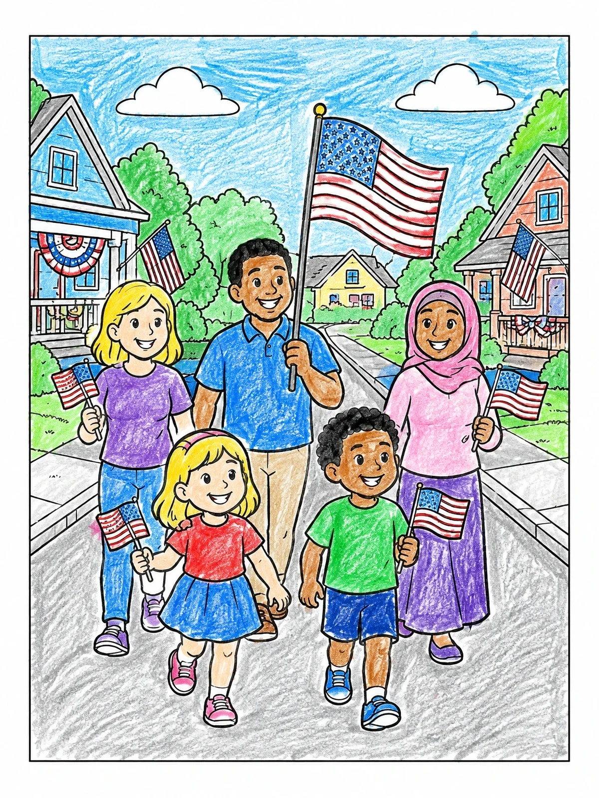 Colored example of the Neighborhood Family Flag Day Parade coloring page