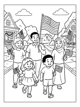 Free printable Neighborhood Family Flag Day Parade coloring page