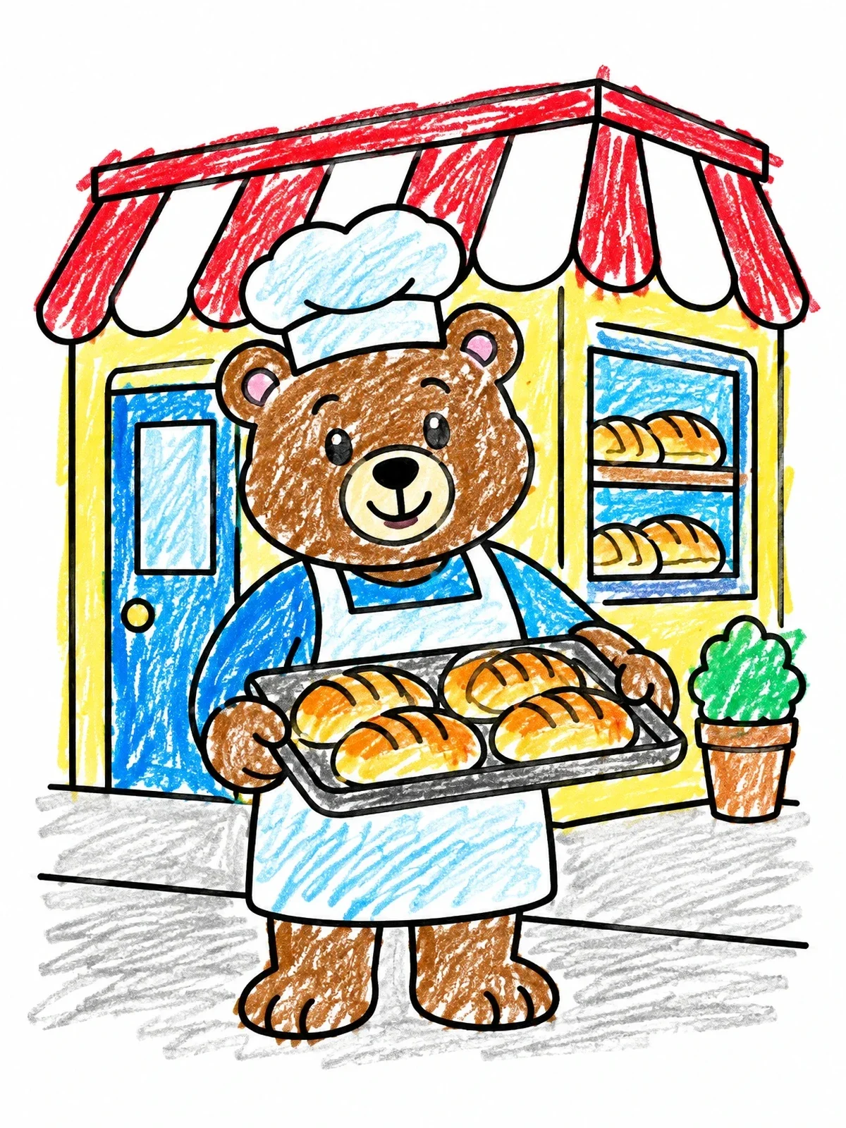 Colored example of the Bear Baker Outside Corner Bakery coloring page