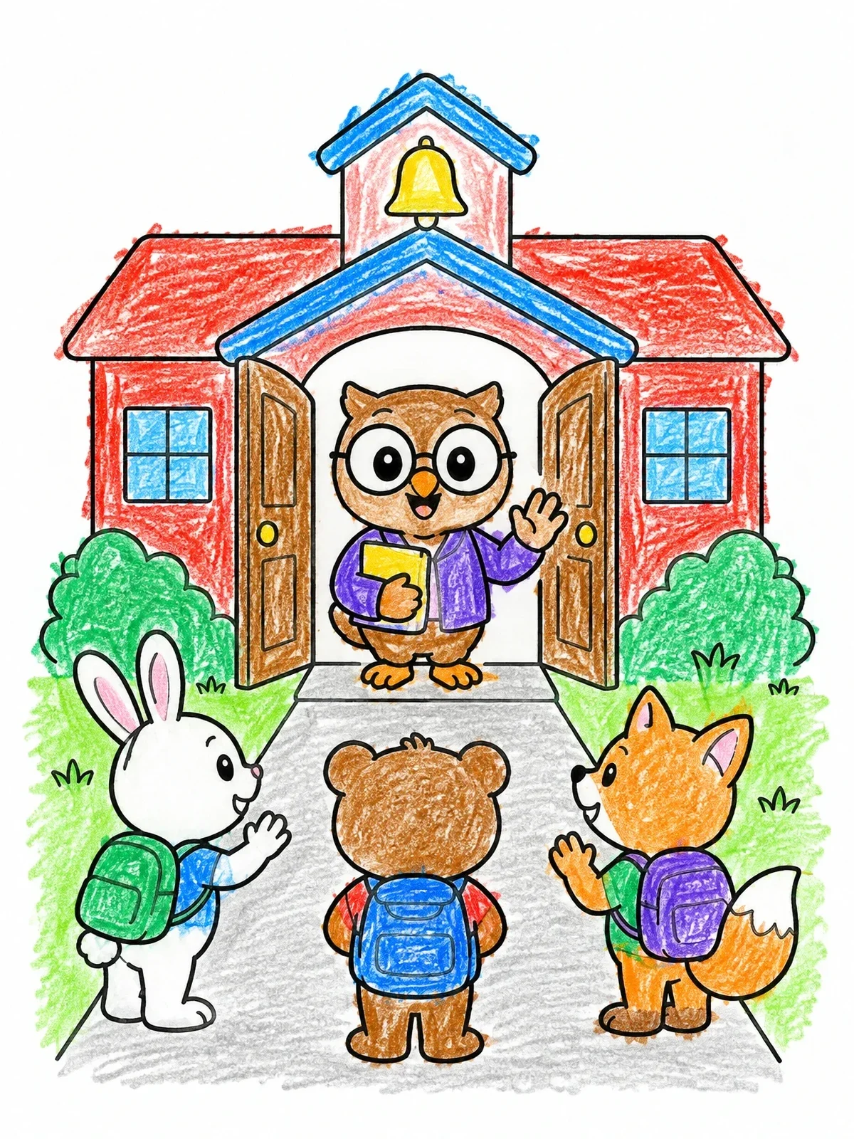 Colored example of the Owl Teacher Welcoming Students To School coloring page
