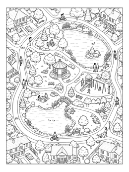 An aerial view neighborhood coloring page featuring a community park with ponds, paths, and houses.