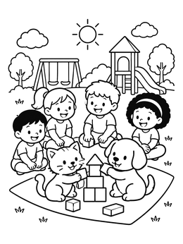 Free printable Playground Fun With Pets And Blocks coloring page