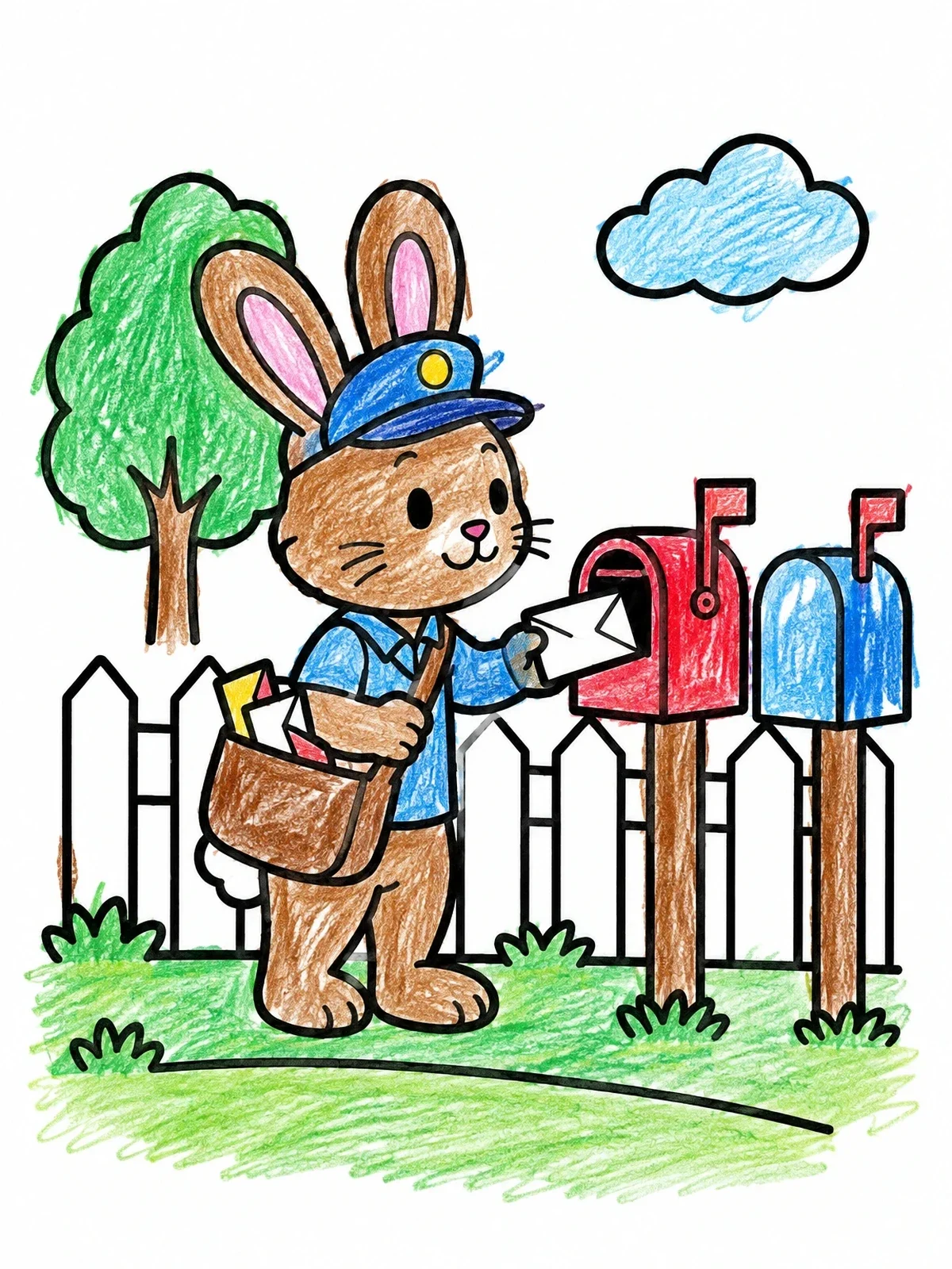 Colored example of the Cute Rabbit Mail Carrier Delivering Letters coloring page