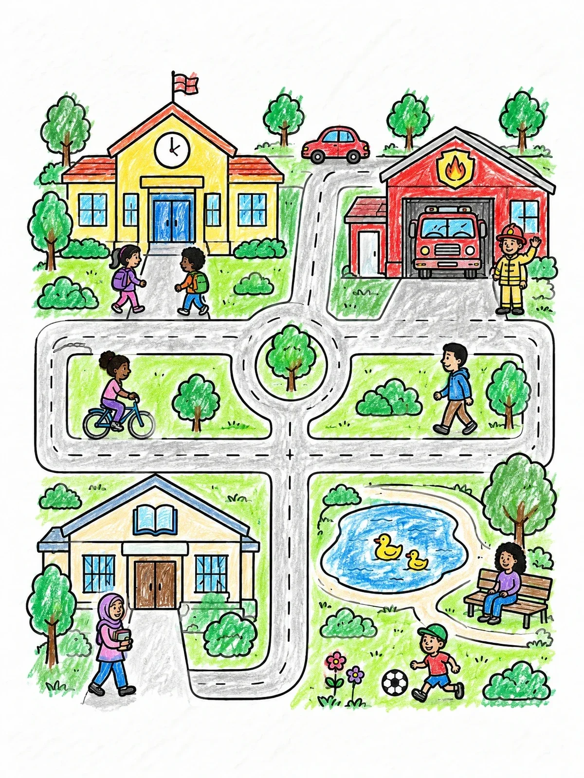 Colored example of the Town Map With School And Park coloring page