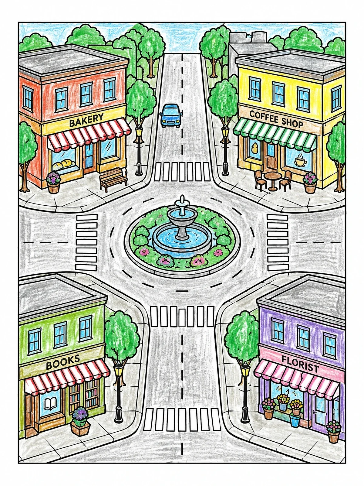 Colored example of the Town Square Roundabout And Shops coloring page