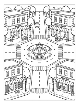 A bustling neighborhood coloring page with a town square roundabout fountain, crosswalks, and cozy street corner shops.
