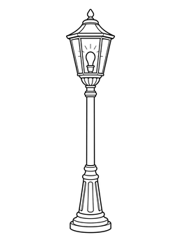 A vintage neighborhood coloring page featuring a glowing street lamp post.