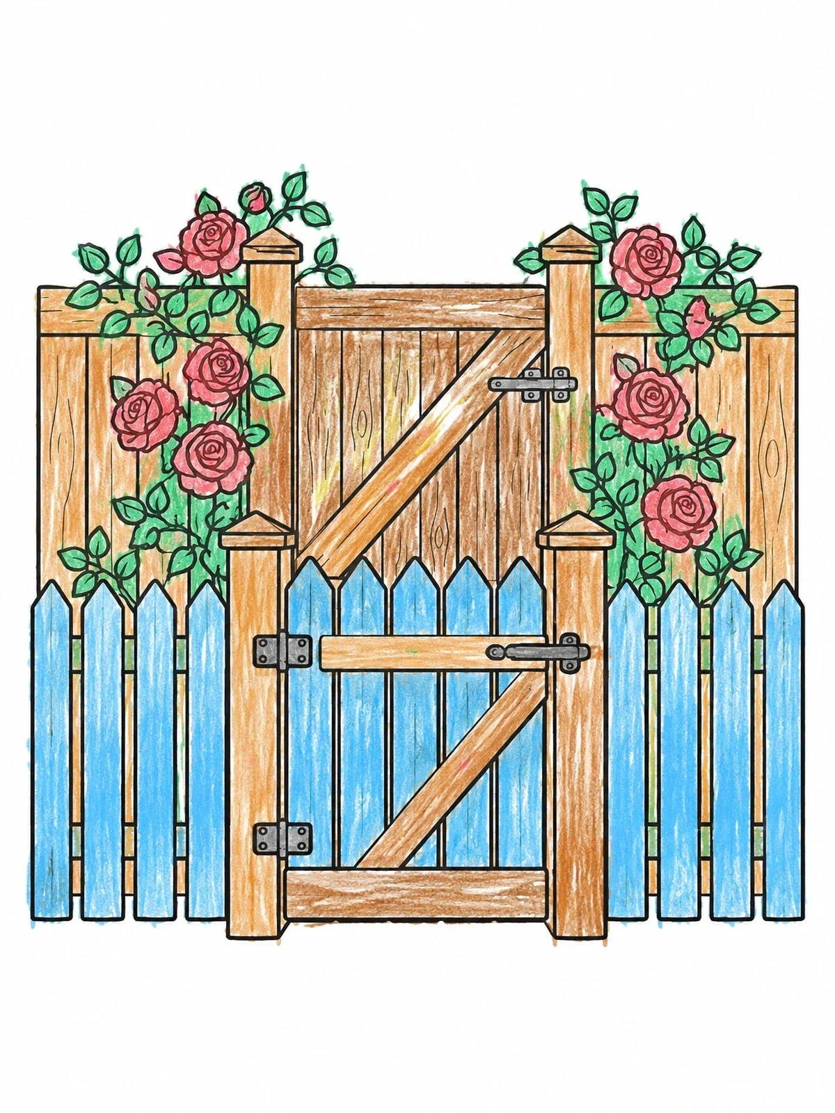 Colored example of the Garden Fence With Climbing Roses coloring page