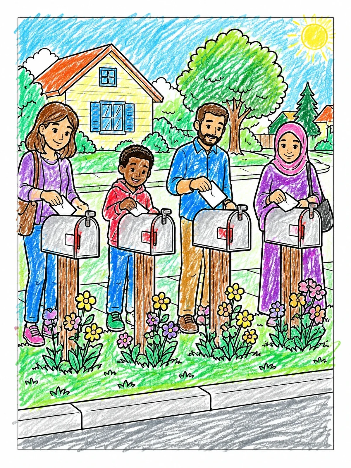 Colored example of the Neighbors Sending Letters At Mailboxes coloring page