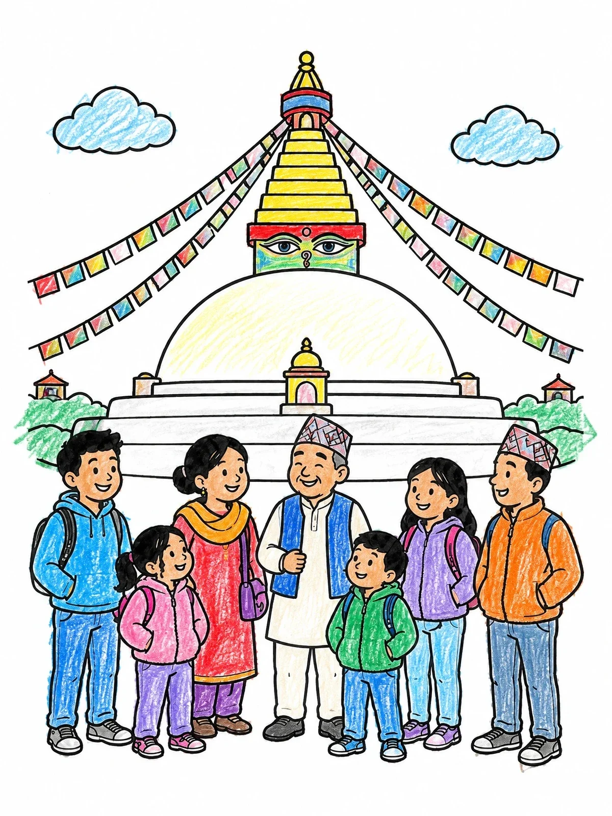 Colored example of the Family Visiting Boudhanath Stupa coloring page