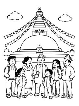Free printable Family Visiting Boudhanath Stupa coloring page