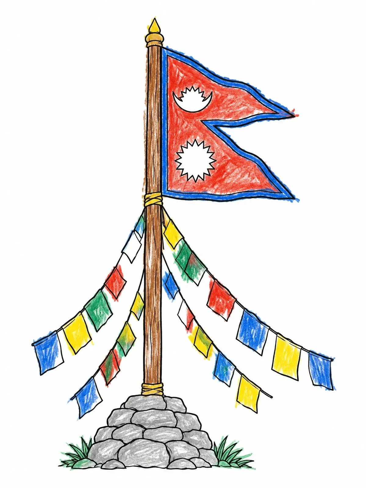 Colored example of the National Flag Of Nepal With Prayer Flags coloring page
