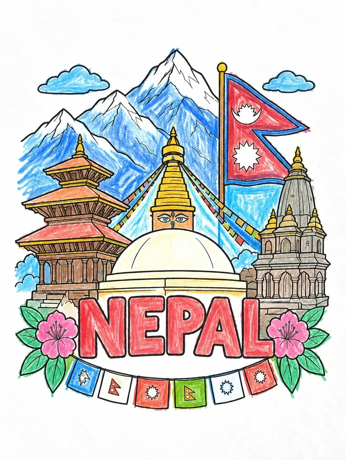 Colored example of the Nepal Landmarks And Mountain Peaks coloring page