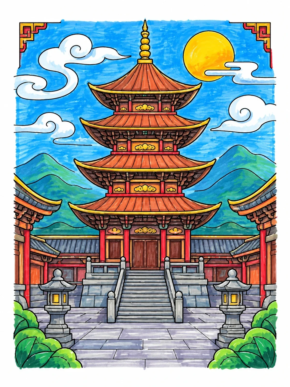 Colored example of the Multi Tiered Pagoda Temple Courtyard coloring page