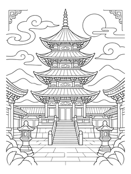 Free printable Multi Tiered Pagoda Temple Courtyard coloring page