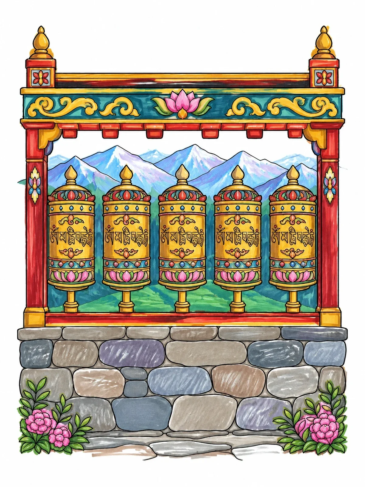 Colored example of the Row Of Himalayan Prayer Wheels coloring page