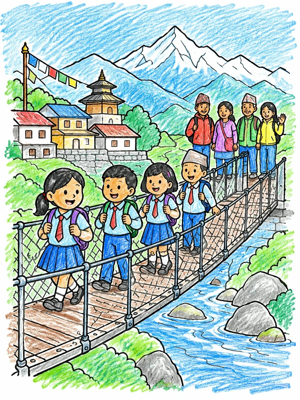 Colored example of the Children On A Himalayan Suspension Bridge coloring page