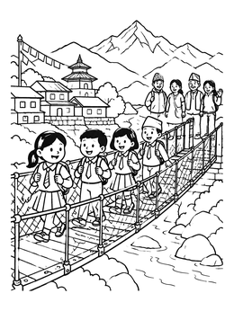Free printable Children On A Himalayan Suspension Bridge coloring page