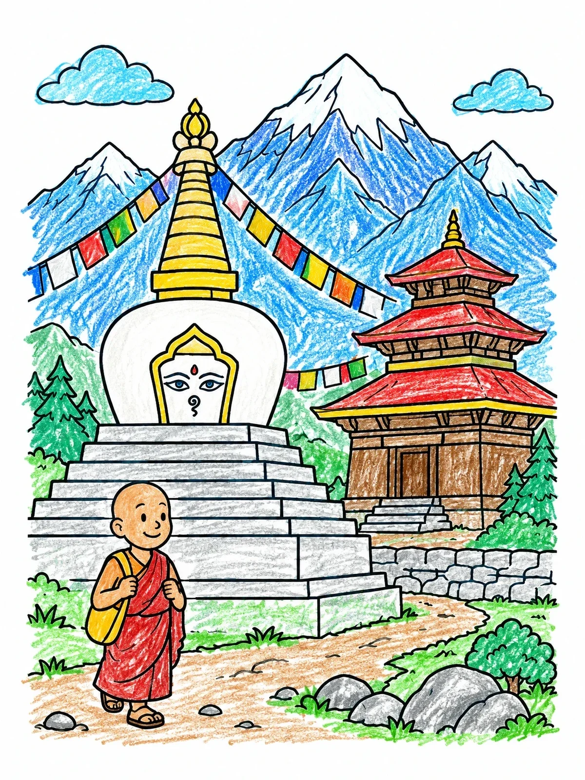 Colored example of the Young Monk By Himalayan Stupa coloring page