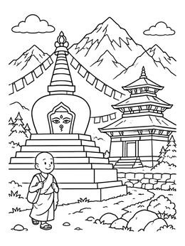 Free printable Young Monk By Himalayan Stupa coloring page