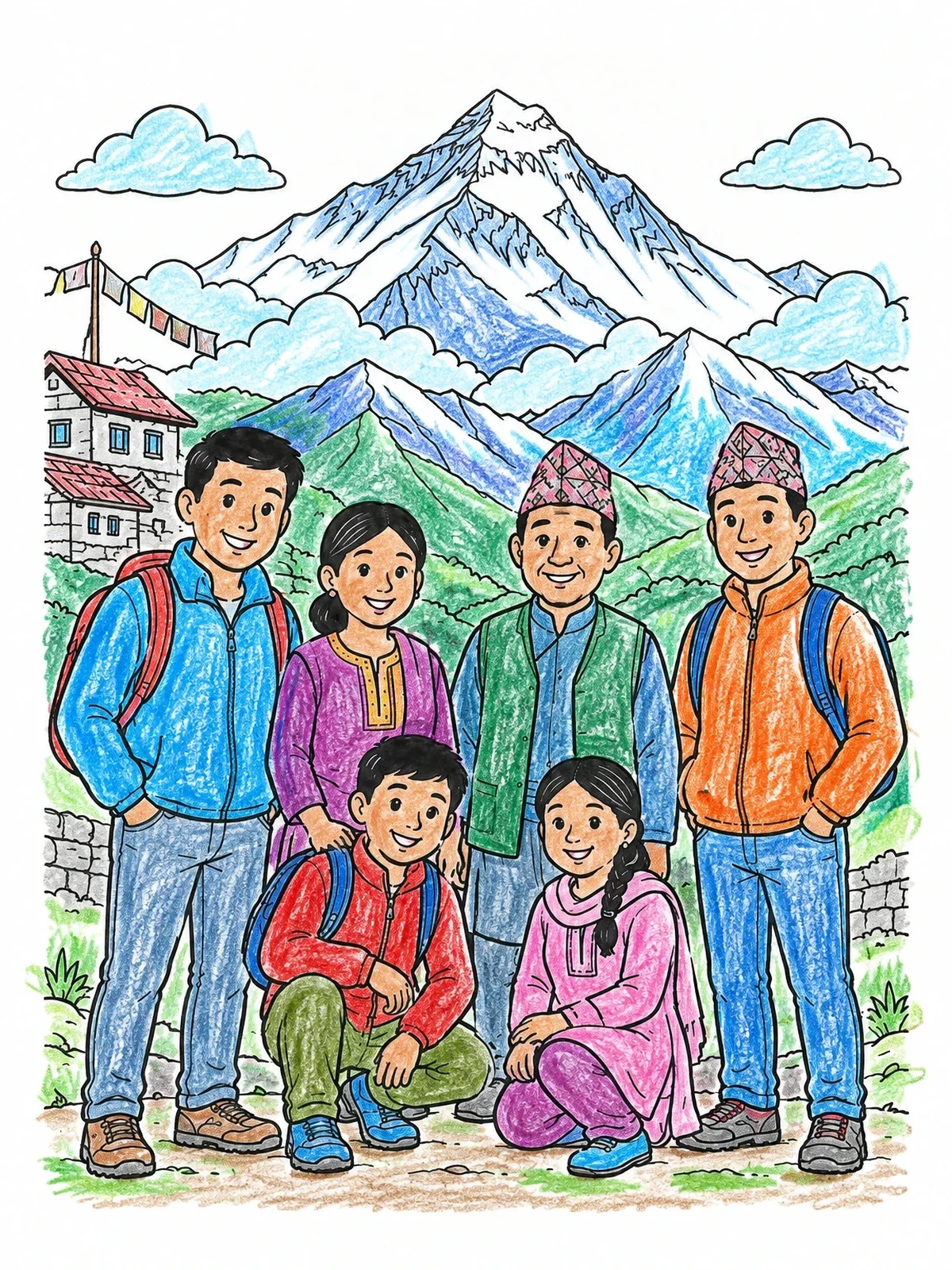 Colored example of the Nepali Family In The Himalayas coloring page