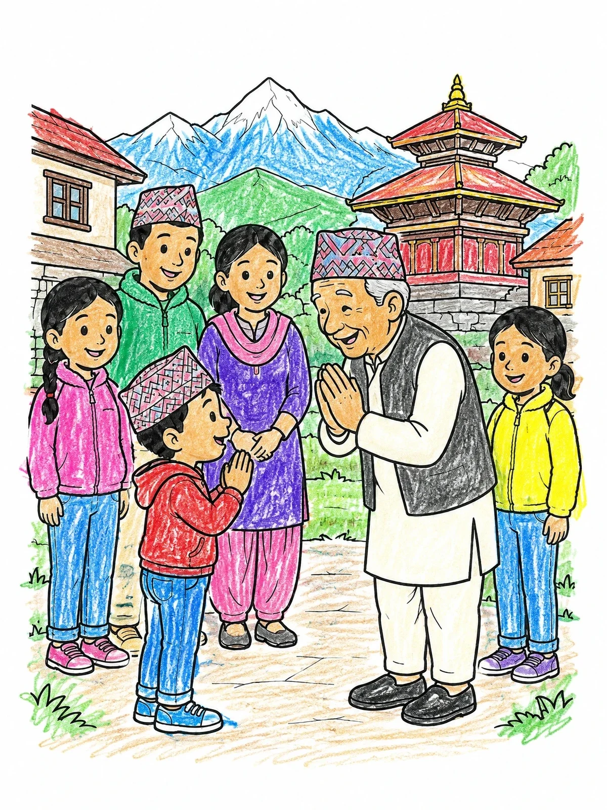 Colored example of the Namaste Greeting In A Nepali Village coloring page