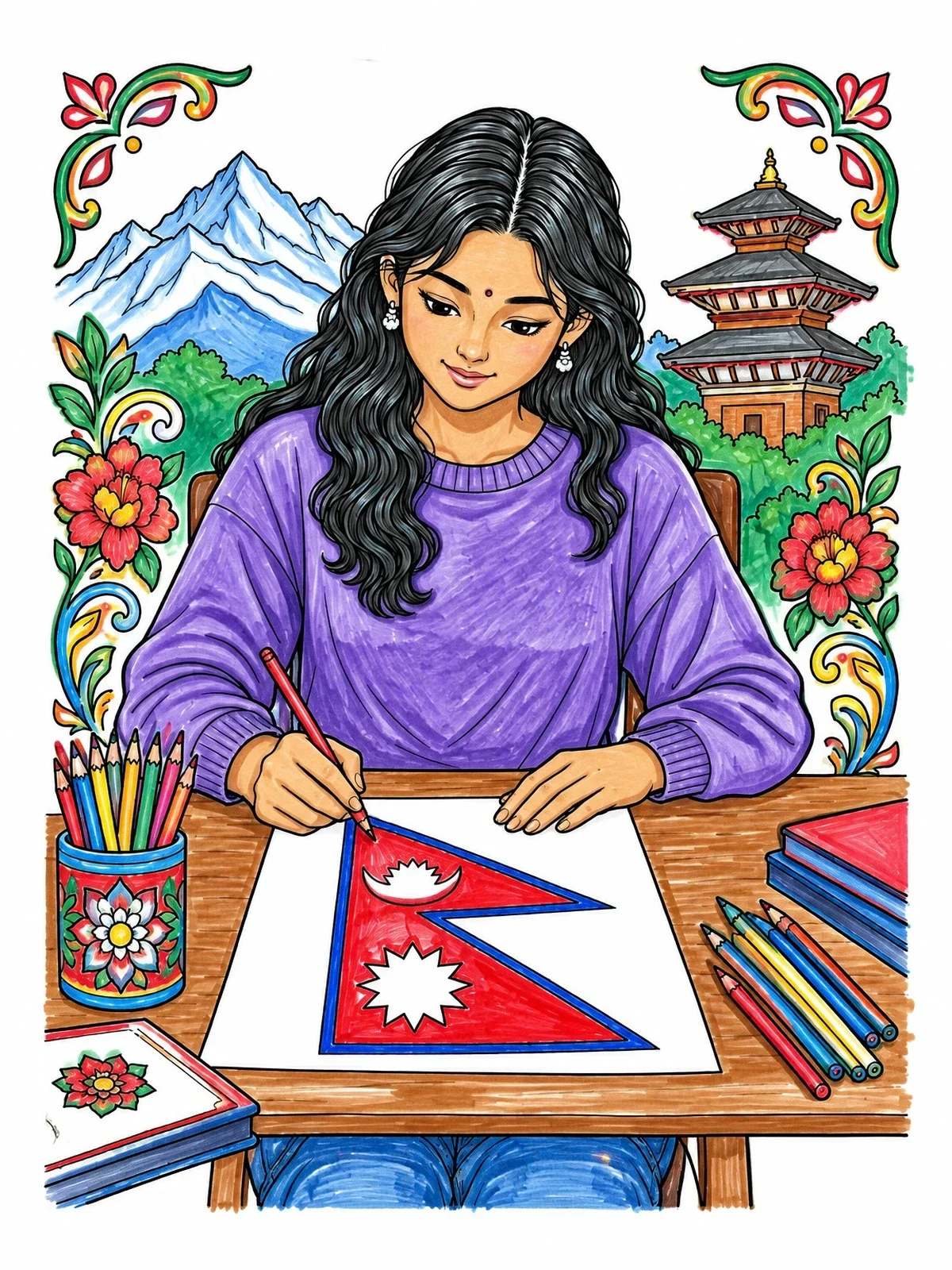 Colored example of the Nepali Student Drawing National Flag coloring page