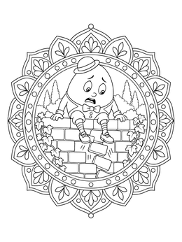 Anxious egg character in this detailed humpty dumpty coloring page with ornate mandala frame.