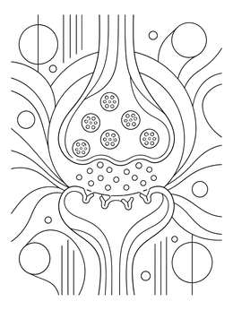 A stylized synapse diagram in this nervous system coloring page with geometric elements.