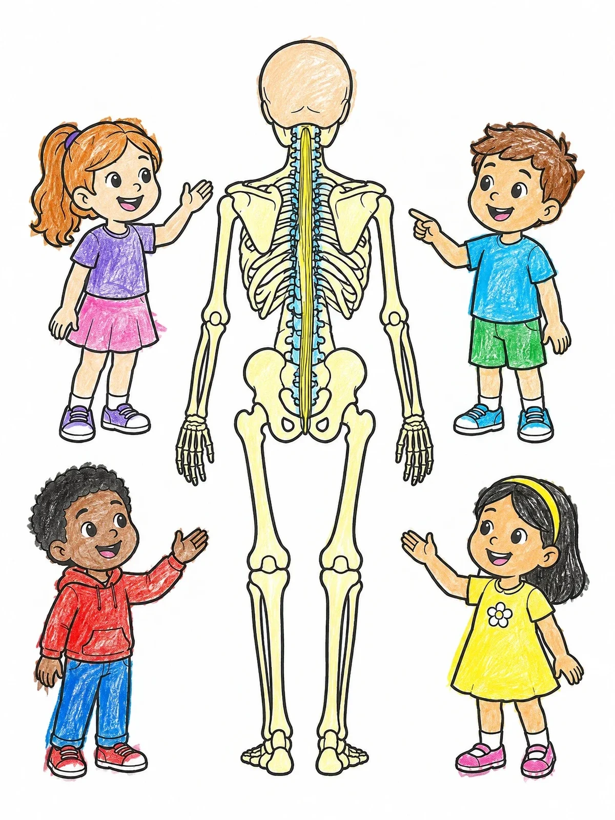 Colored example of the Children Studying The Spine And Skeleton coloring page