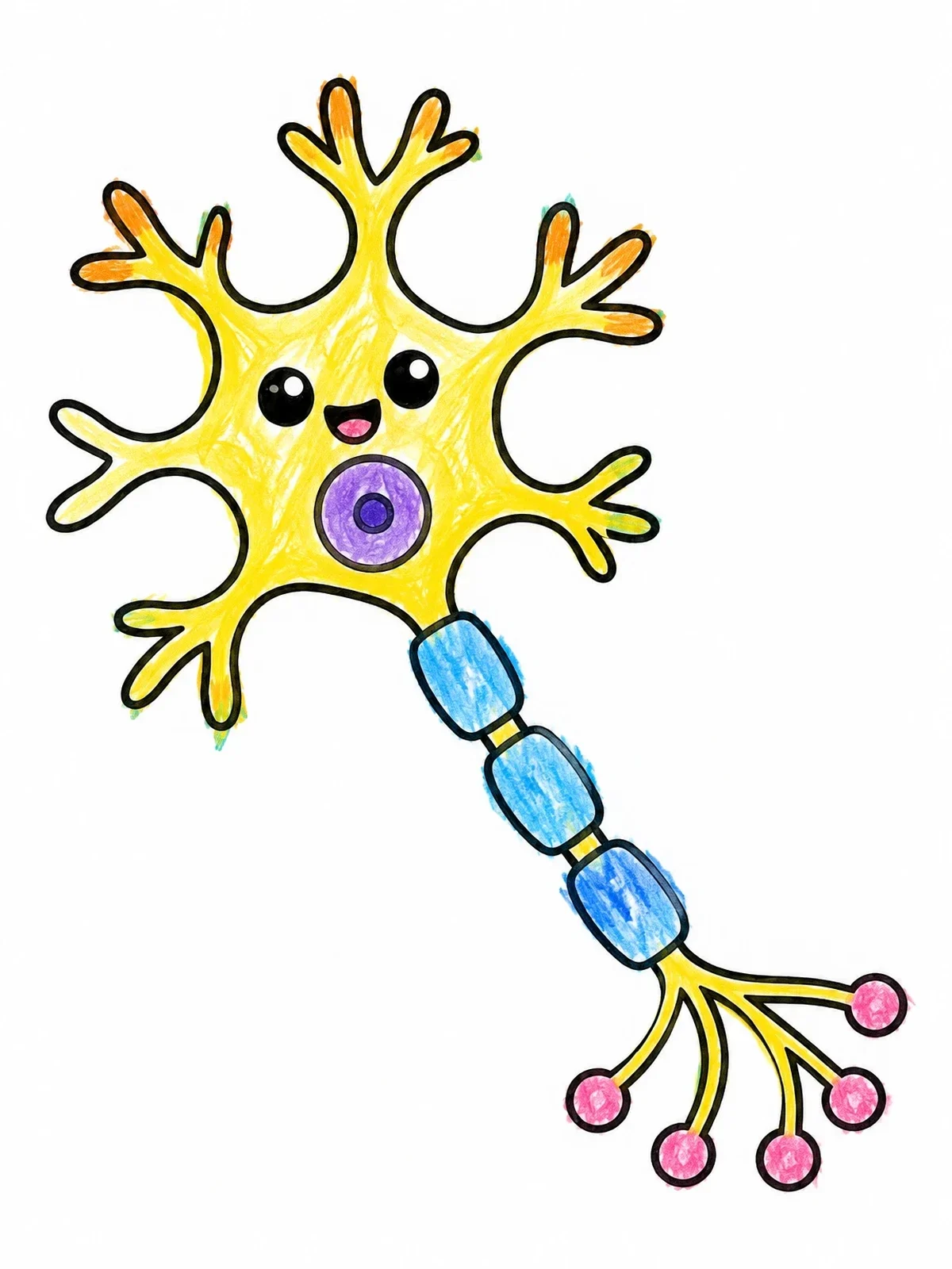 Colored example of the Cute Cartoon Neuron Cell coloring page