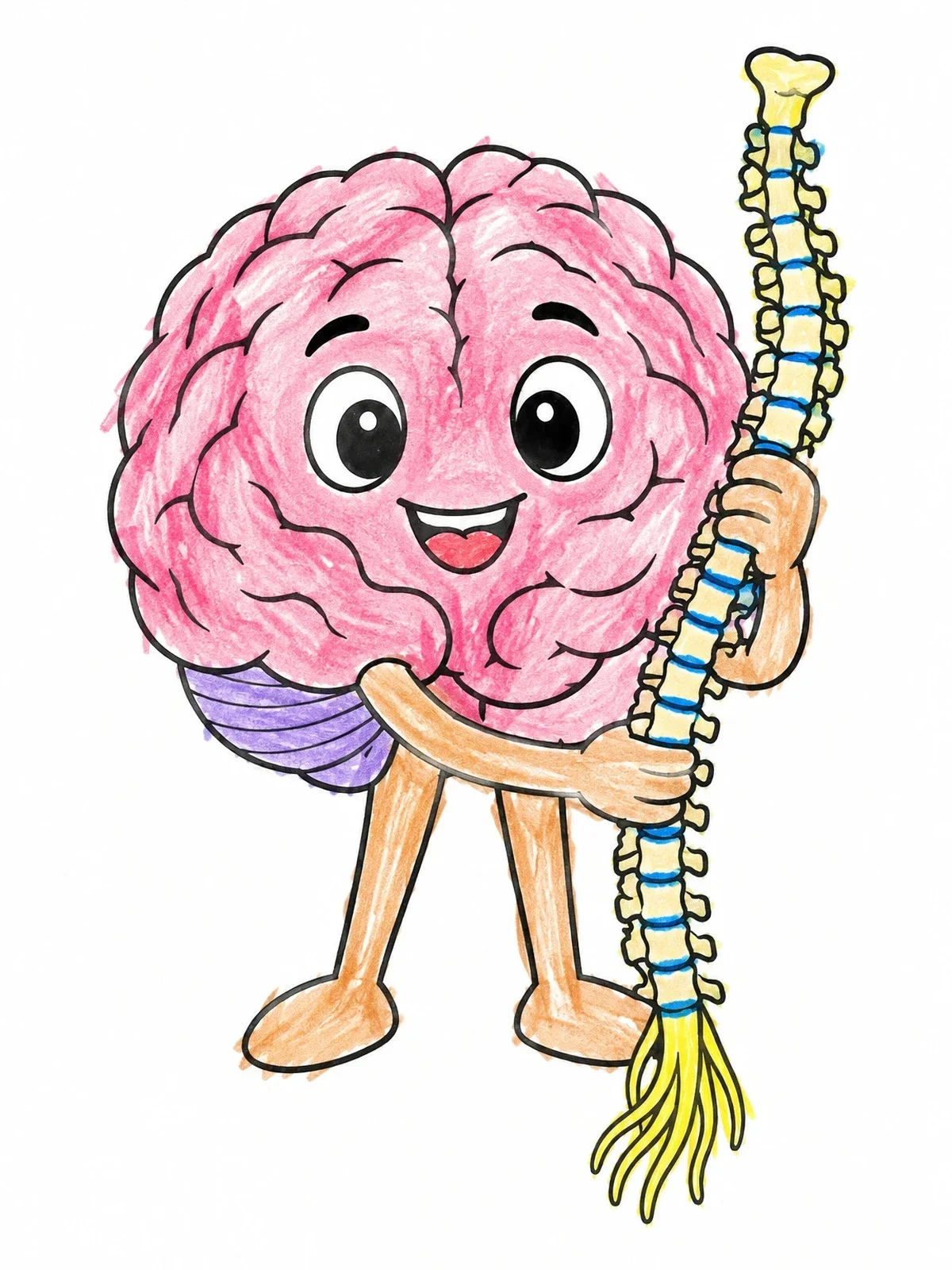 Colored example of the Friendly Cartoon Brain With Spine coloring page