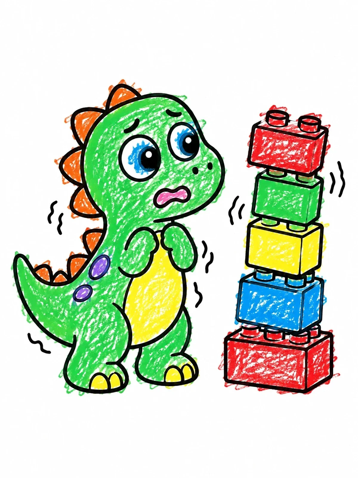 Colored example of the Nervous Dinosaur And Wobbling Toy Tower coloring page