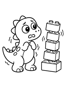 A cute toy coloring page featuring a nervous little dinosaur watching a wobbly brick tower.