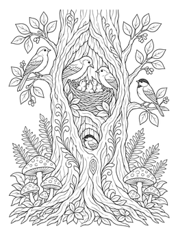 Songbirds tending a nest inside a hollow tree trunk in this nature coloring page.