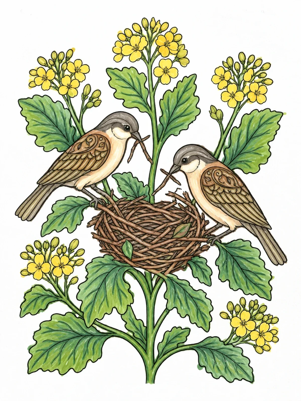 Colored example of the Nesting Birds On Mustard Plant coloring page
