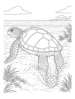 Detailed sea turtle coloring page showing a female turtle laying eggs on the sandy shore.