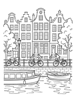 Free printable Amsterdam Canal Houses And Bicycles coloring page