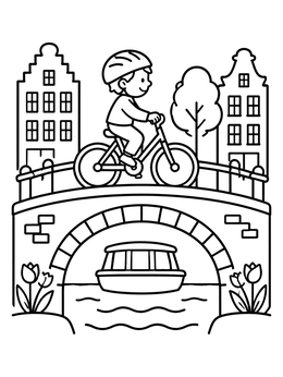 Free printable Child Biking Across Amsterdam Canal Bridge coloring page