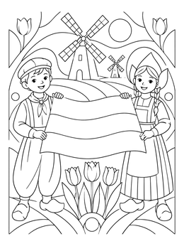 Two smiling children hold a flag in this Netherlands coloring page with windmills and tulips.