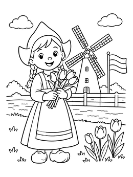 Free printable Dutch Girl With Tulips And Windmill coloring page