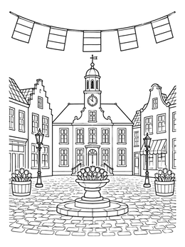 Free printable Festive Dutch Town Square With Bunting coloring page