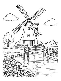 A historic windmill and wooden bridge across a canal in this netherlands coloring page.